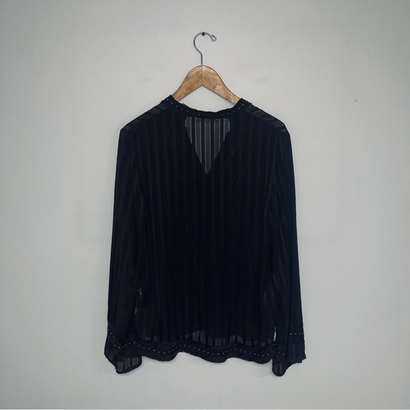 Zara Blouse Women’s Size Medium Black Striped Sheer‎ Satin Silver Studded Ruffle - Picture 7 of 11